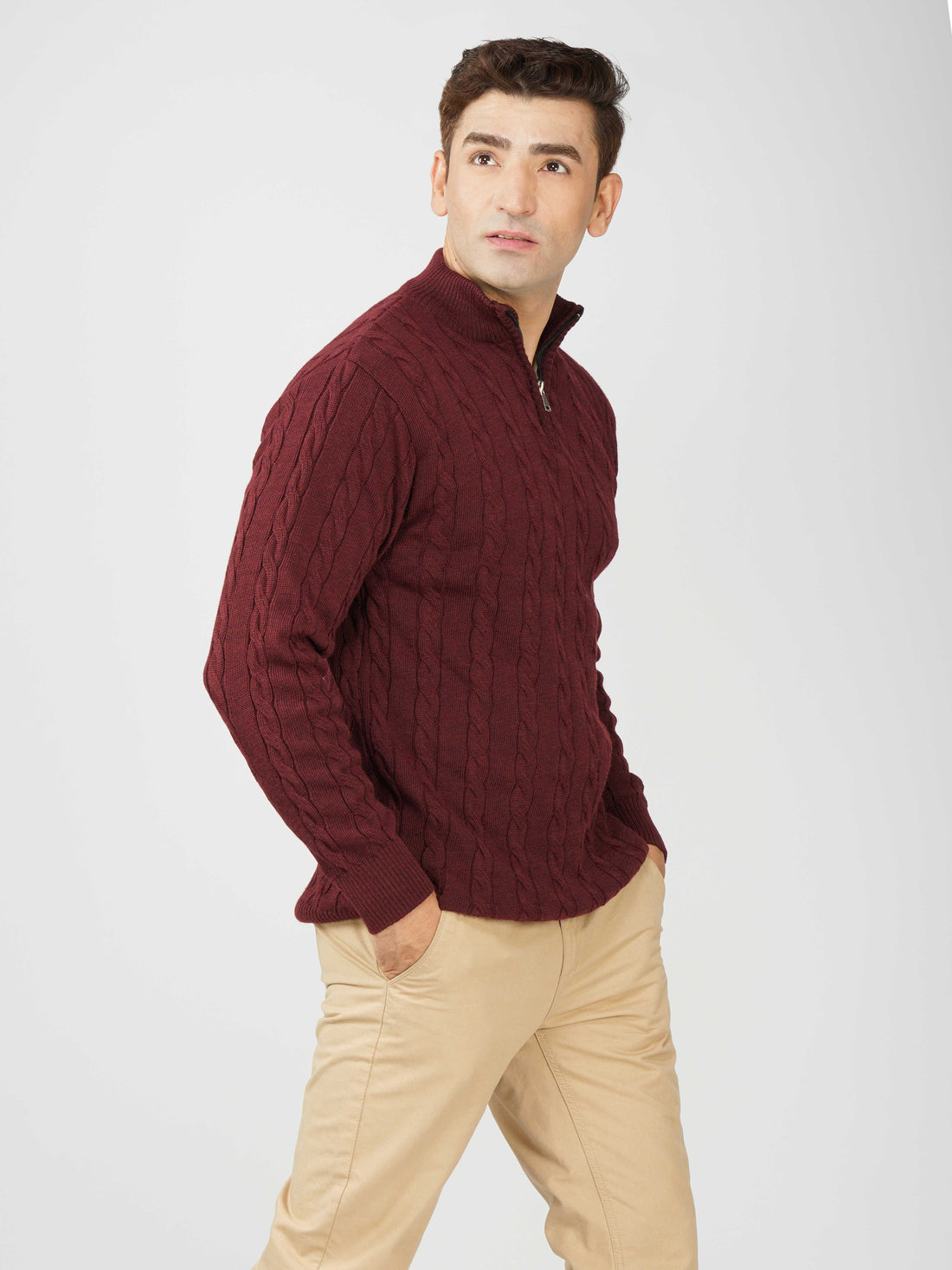 Kvetoo Men’s Woollen High Neck Sweater – Quarter Zip Cable Knit Winter Pullover