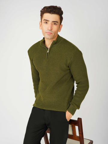 Kvetoo Men’s High Neck Quarter Zip Wool Sweater – Knitted Winter Pullover for Office & Casual Wear