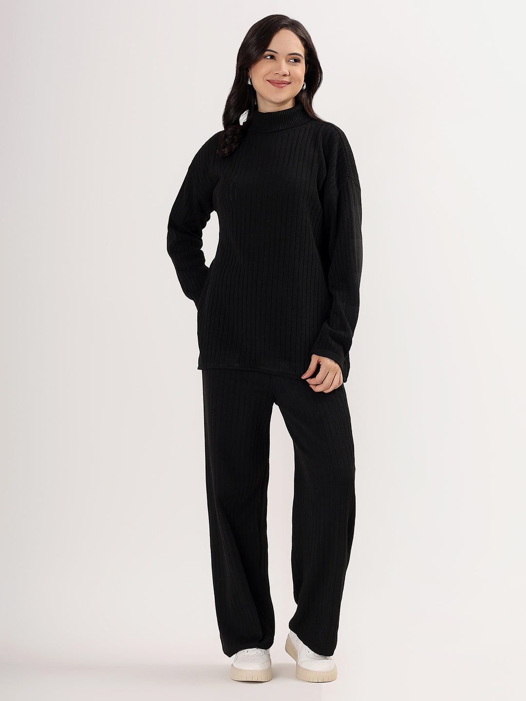 Kvetoo Women Woollen Co-ord Set – High Neck Ribbed Knit Sweater & Wide Leg Pants | Winter Warm Knitwear