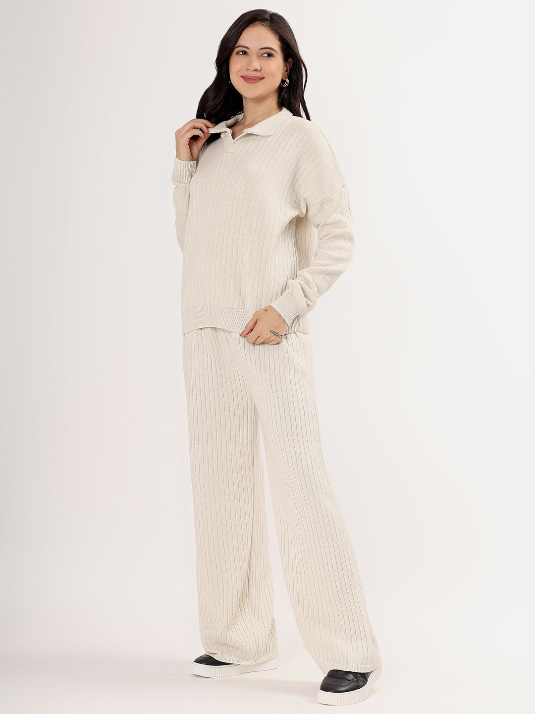 Kvetoo Women Winter Lounge Co-ord Set | Ribbed Knit Polo Sweater & Wide Leg Pajama Pants