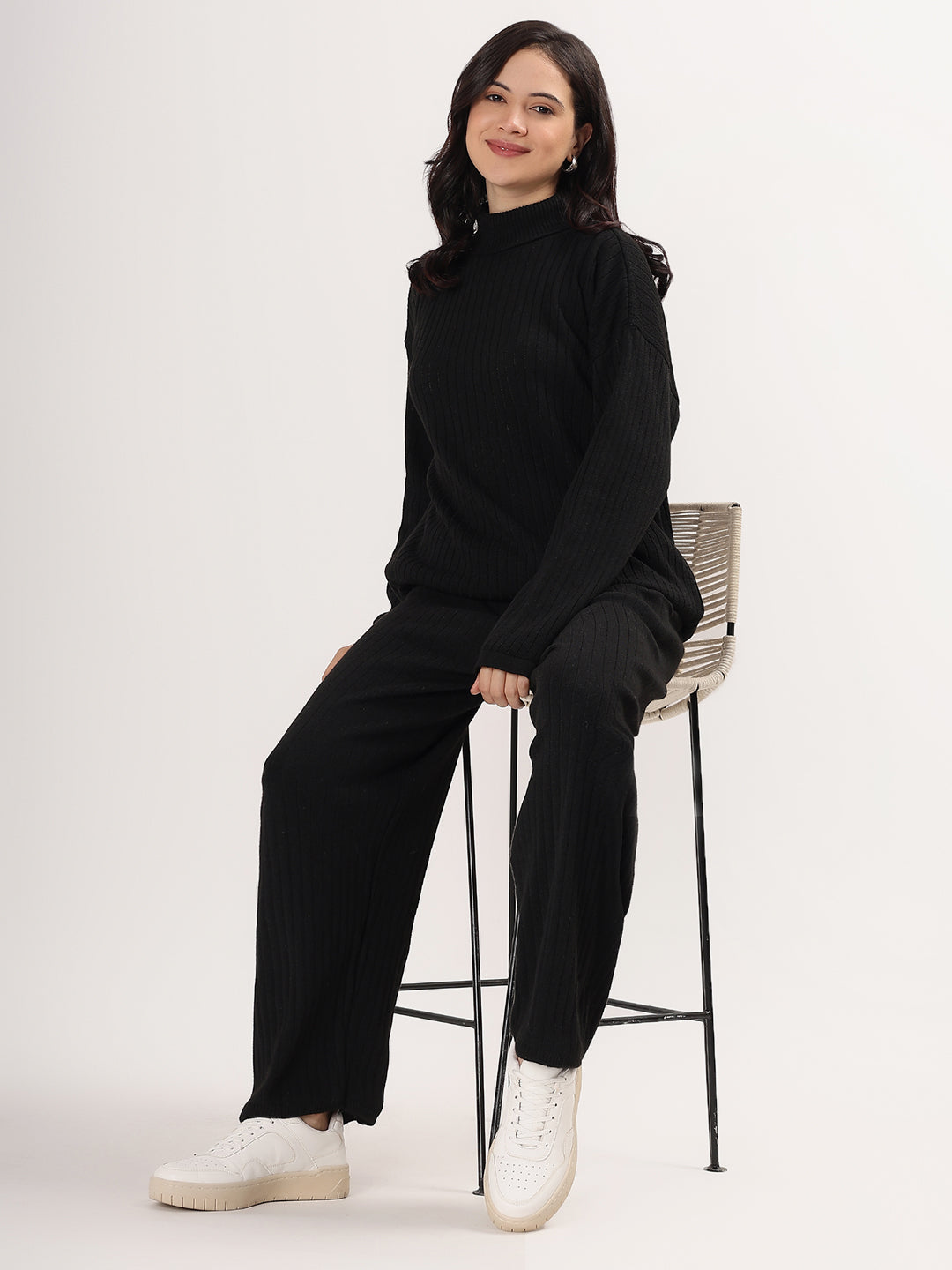 Kvetoo Women Woollen Co-ord Set – High Neck Ribbed Knit Sweater Wide Leg Pants Winter Warm Knitwear
