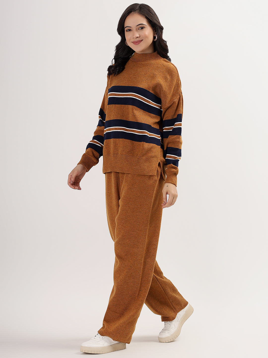 Kvetoo Women Woolen Winter Co-ord Set – Ribbed Knit High Neck Sweater & Wide Leg Pants | Warm Two Piece Lounge & Travel Tracksuit Outfit