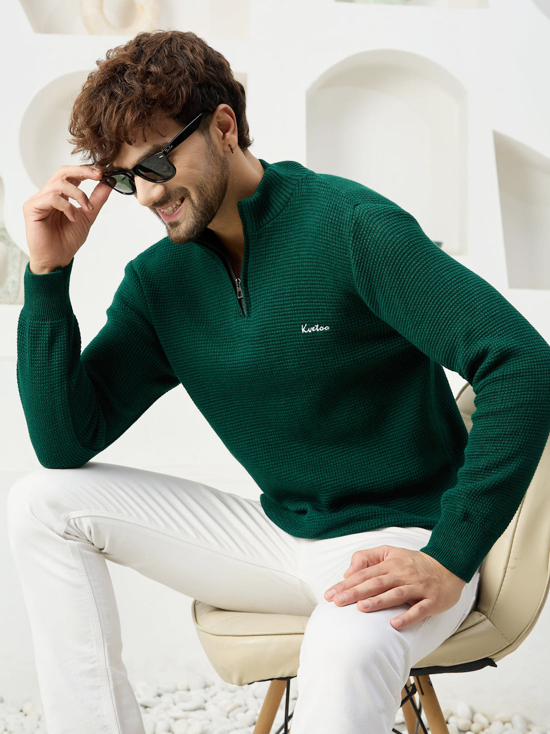 Mens Half Zipper Self Knitted Plain Sweater - Kvetoo