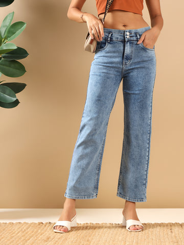 Kvetoo Women High Waist Sky Blue Jeans