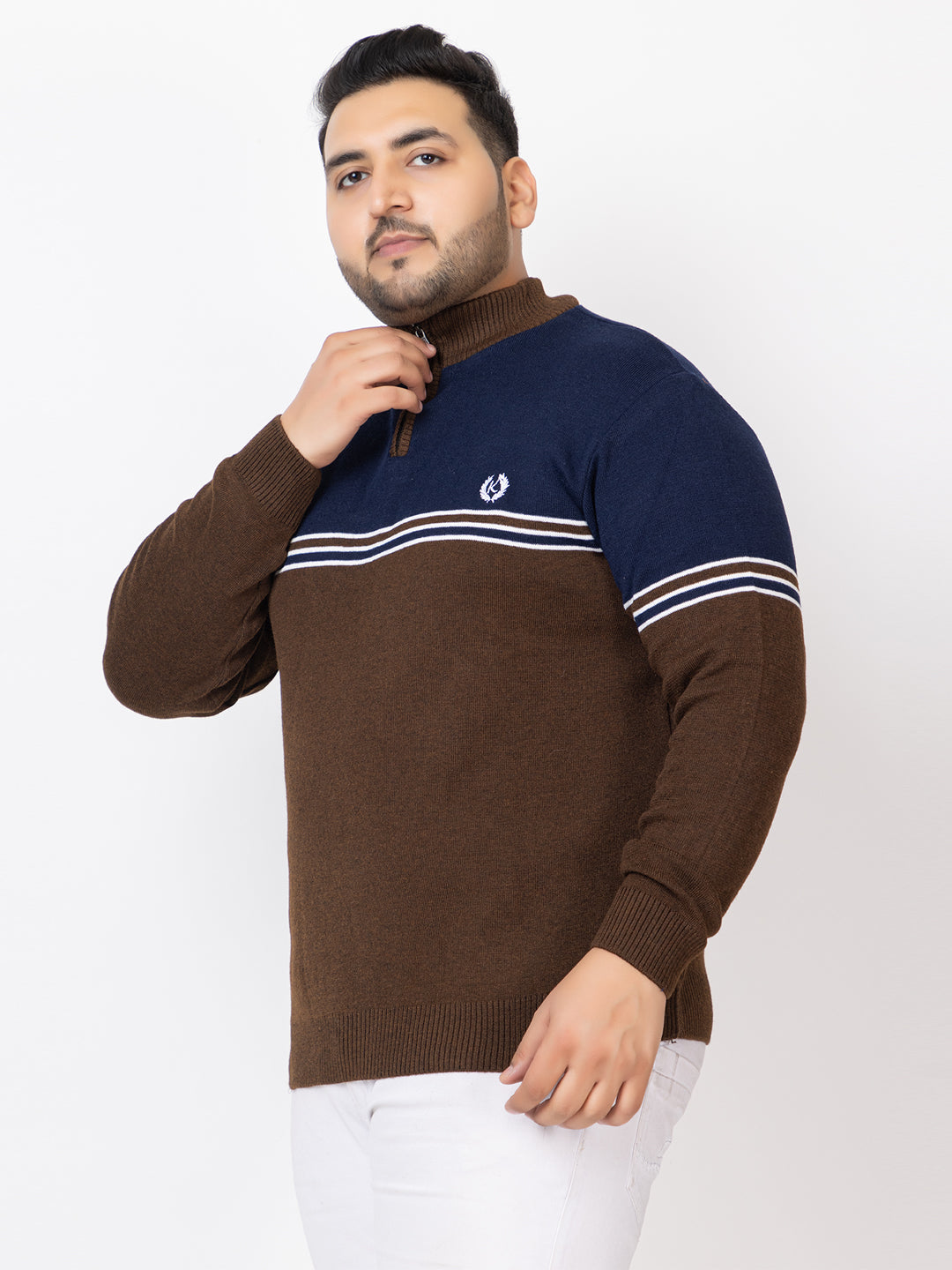 MEN HALF ZIPPER STRIPES PLUS SIZE SWEATER