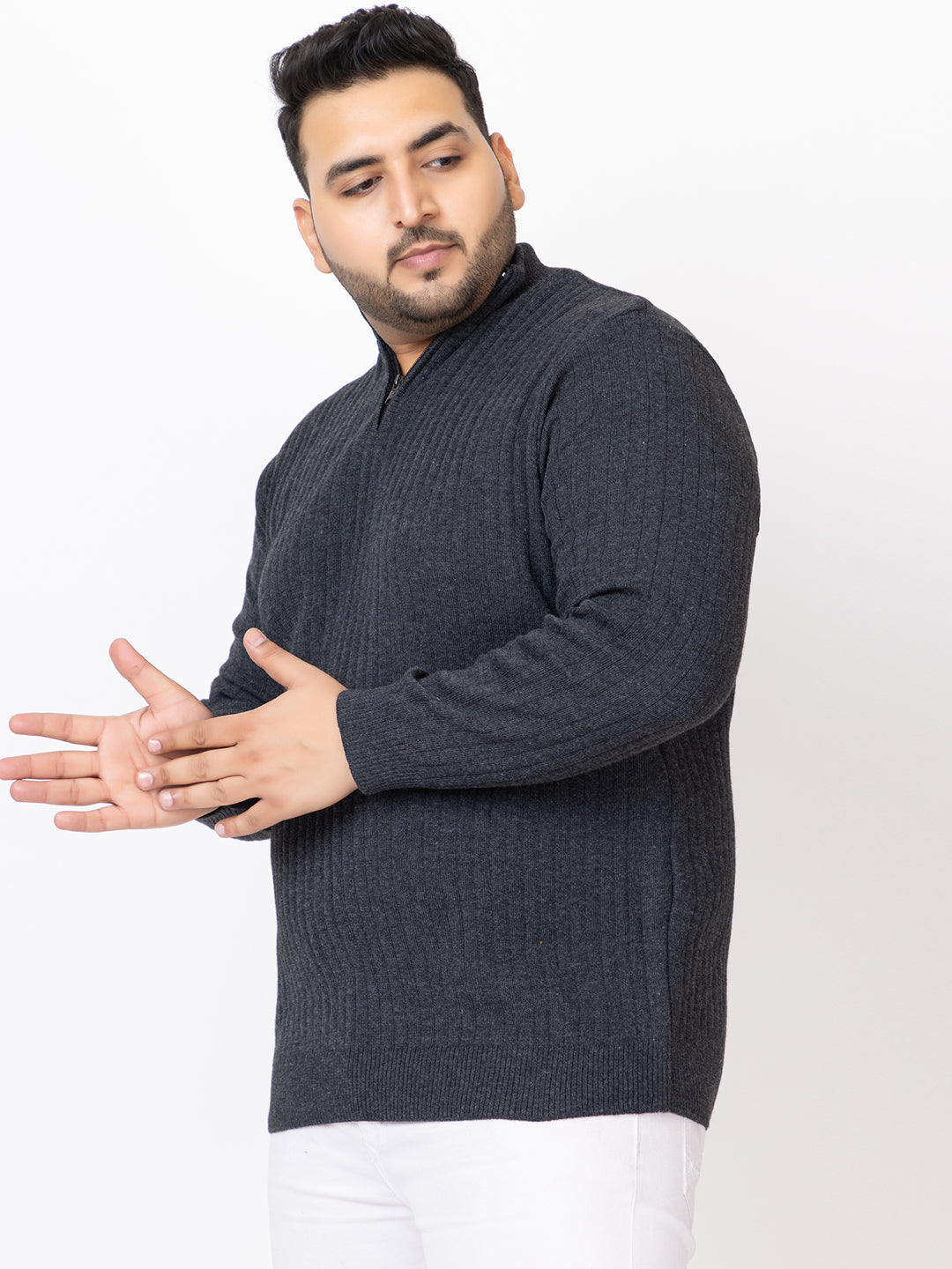 MEN HALF ZIPPER PLAIN PLUS SIZE SWEATER