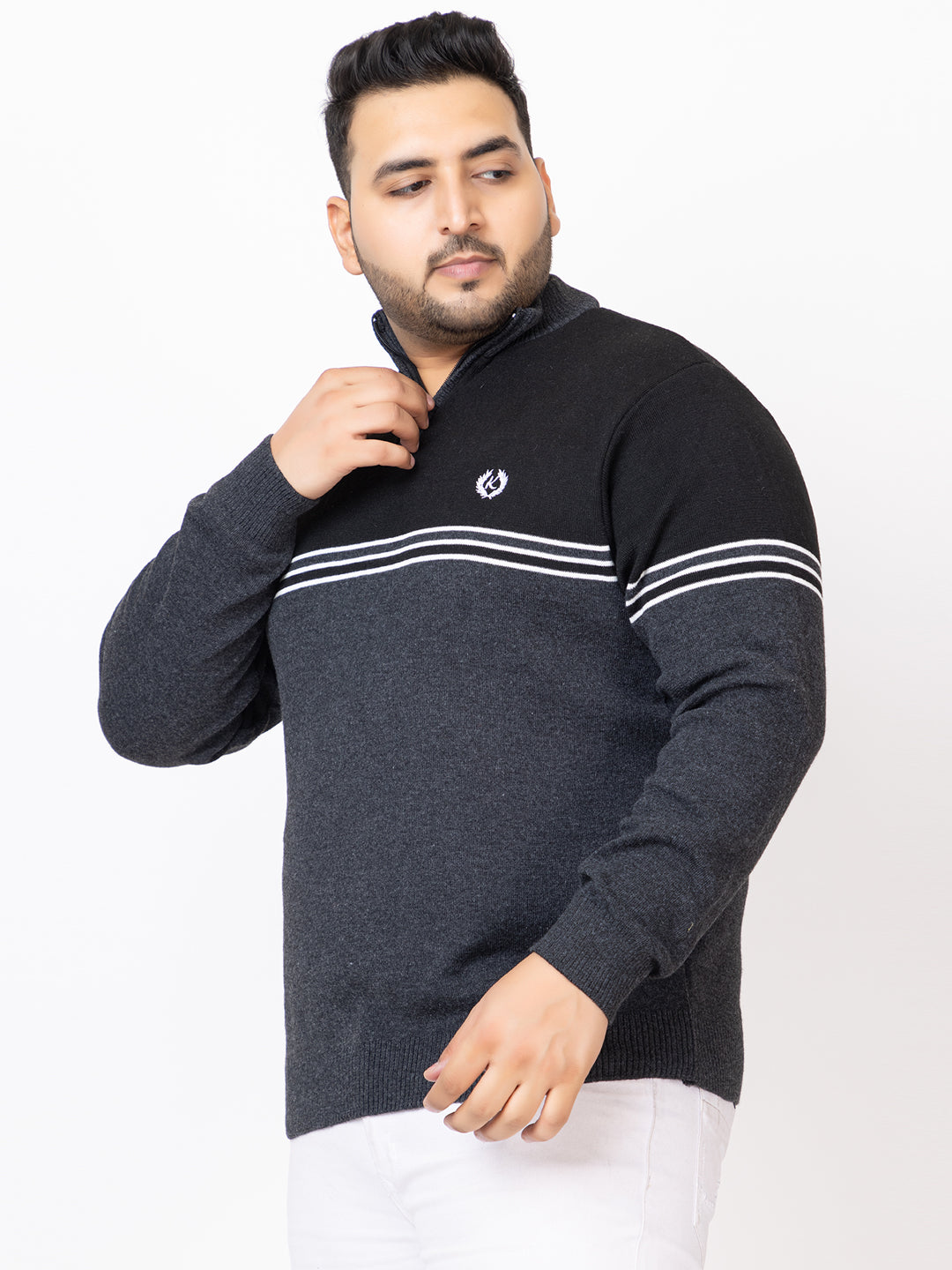 MEN HALF ZIPPER STRIPES PLUS SIZE SWEATER