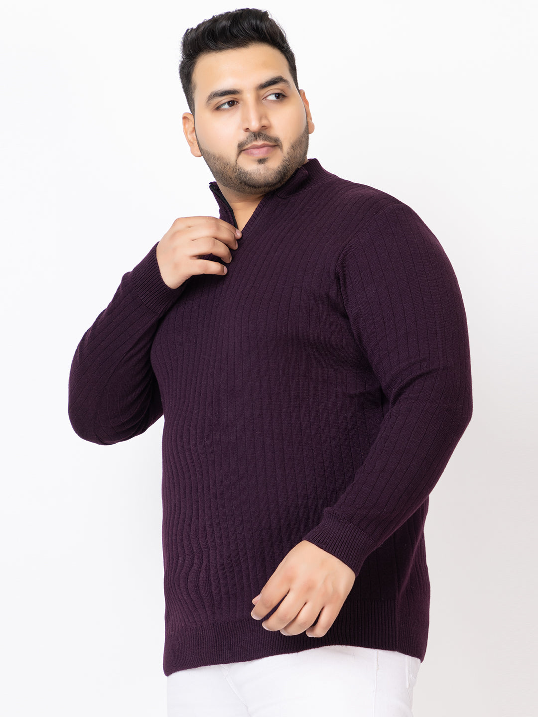 MEN HALF ZIPPER PLAIN PLUS SIZE SWEATER