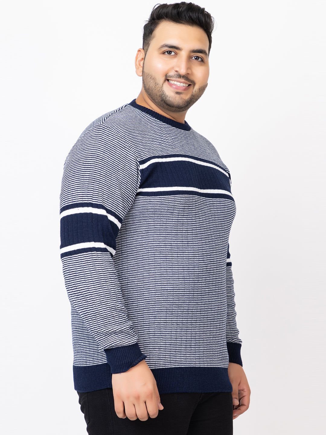 MEN ROUND NECK STRIPES PLUS SIZE SWEATER