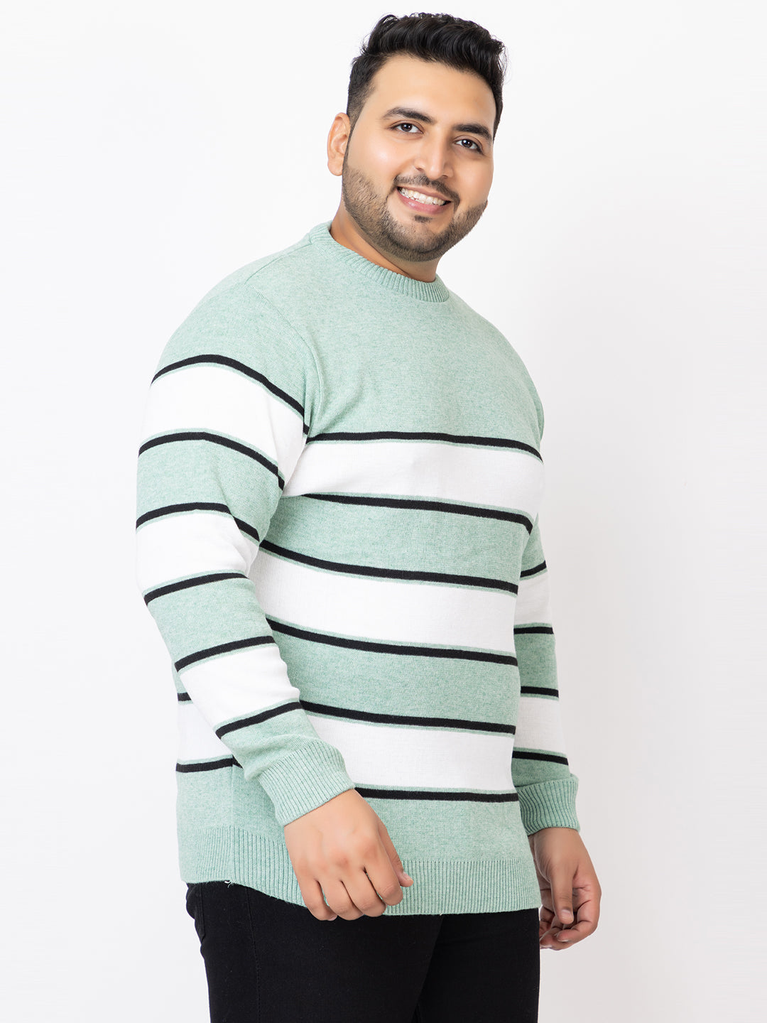 MEN ROUND NECK STRIPES PLUS SIZE SWEATER