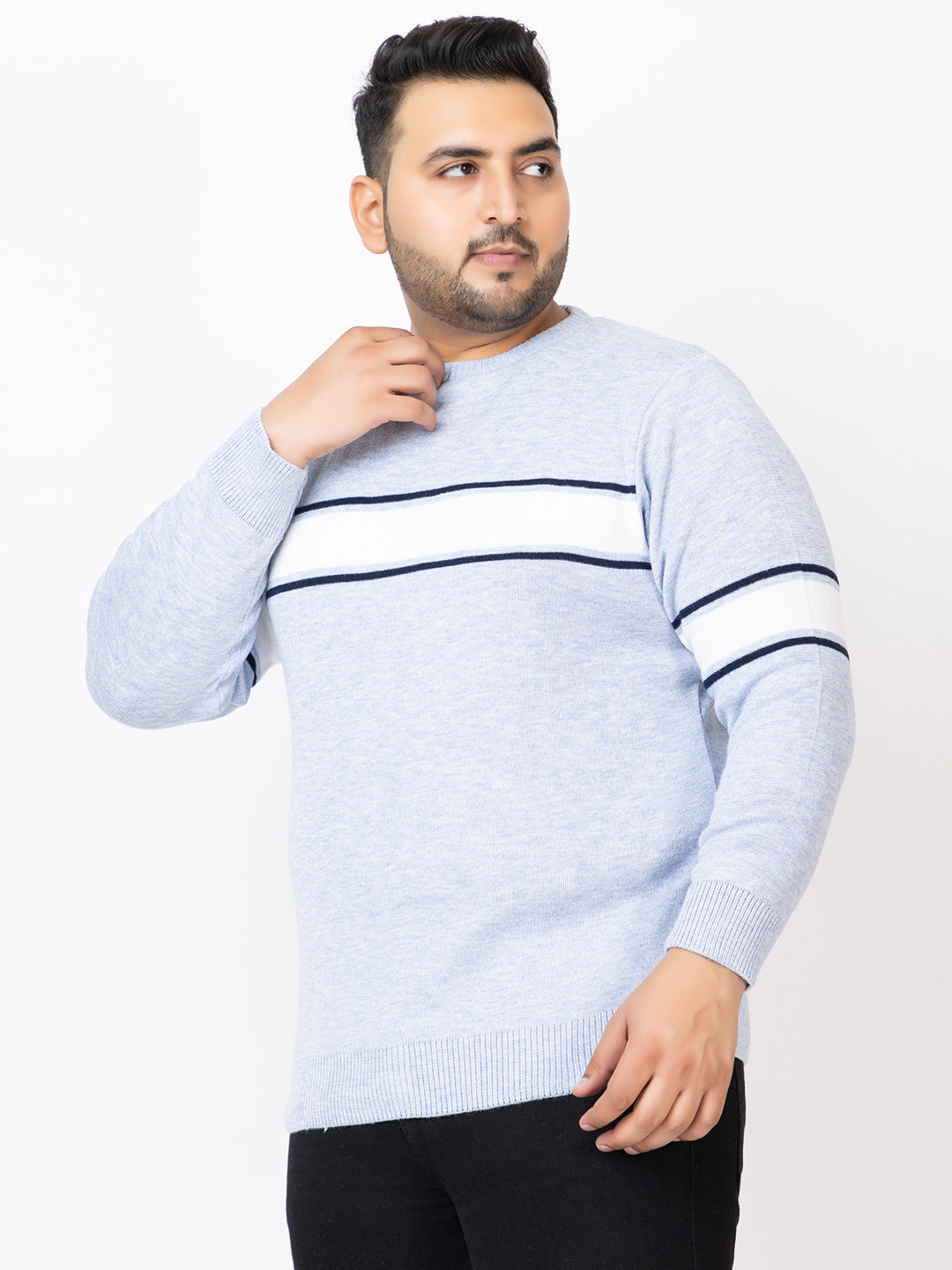 MEN ROUND NECK STRIPES PLUS SIZE SWEATER