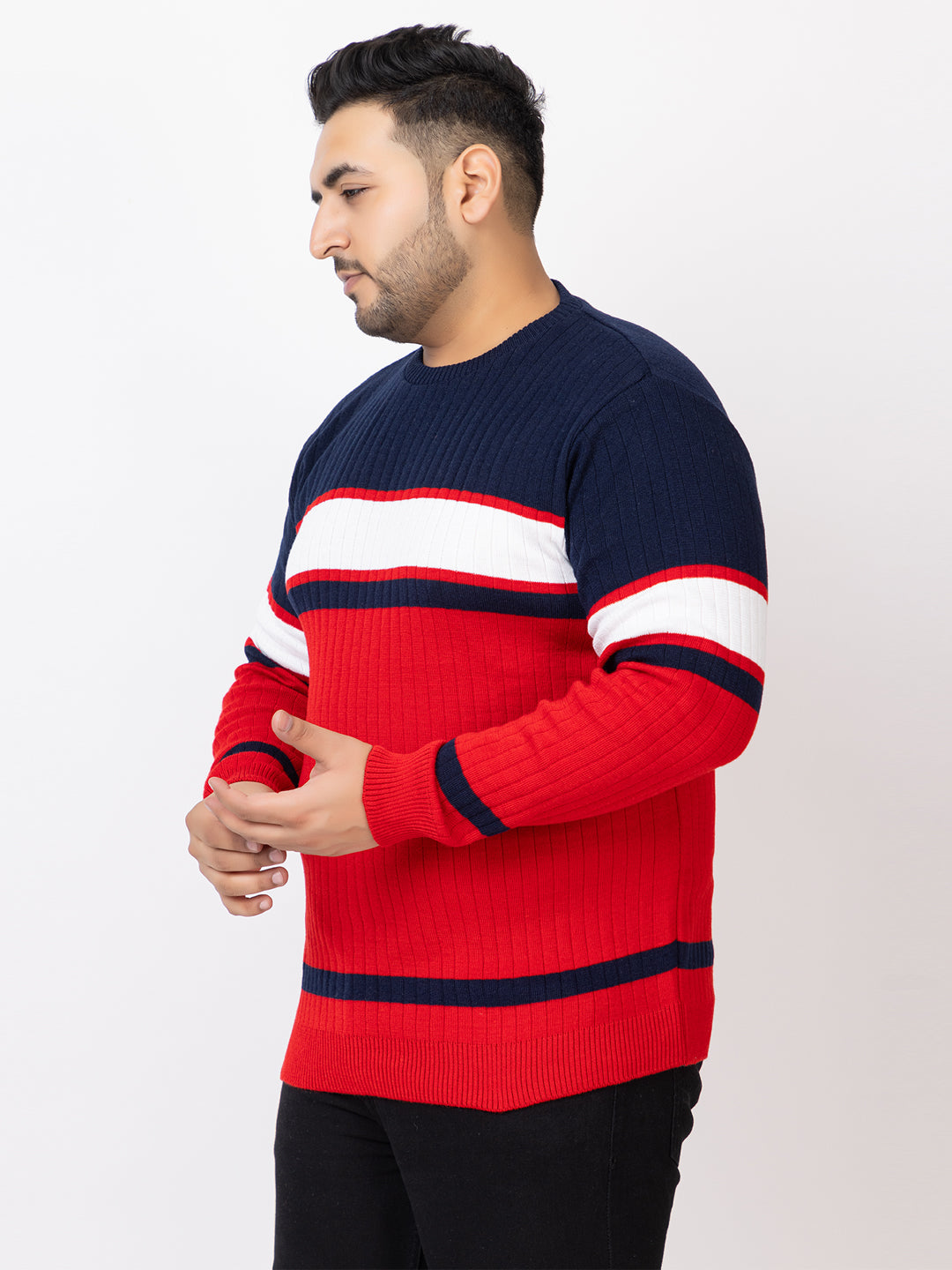 MEN ROUND NECK STRIPES PLUS SIZE SWEATER