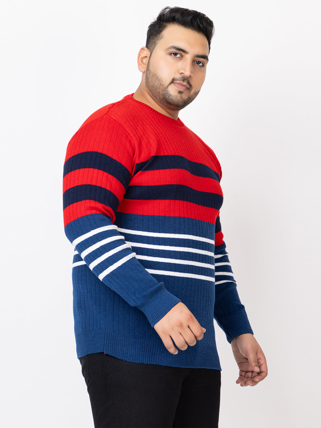 MEN ROUND NECK STRIPES PLUS SIZE SWEATER