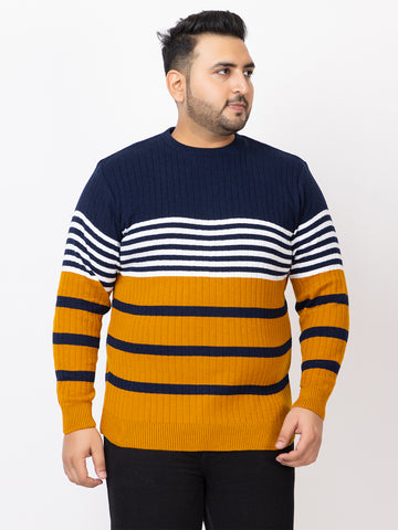 MEN ROUND NECK STRIPES PLUS SIZE SWEATER