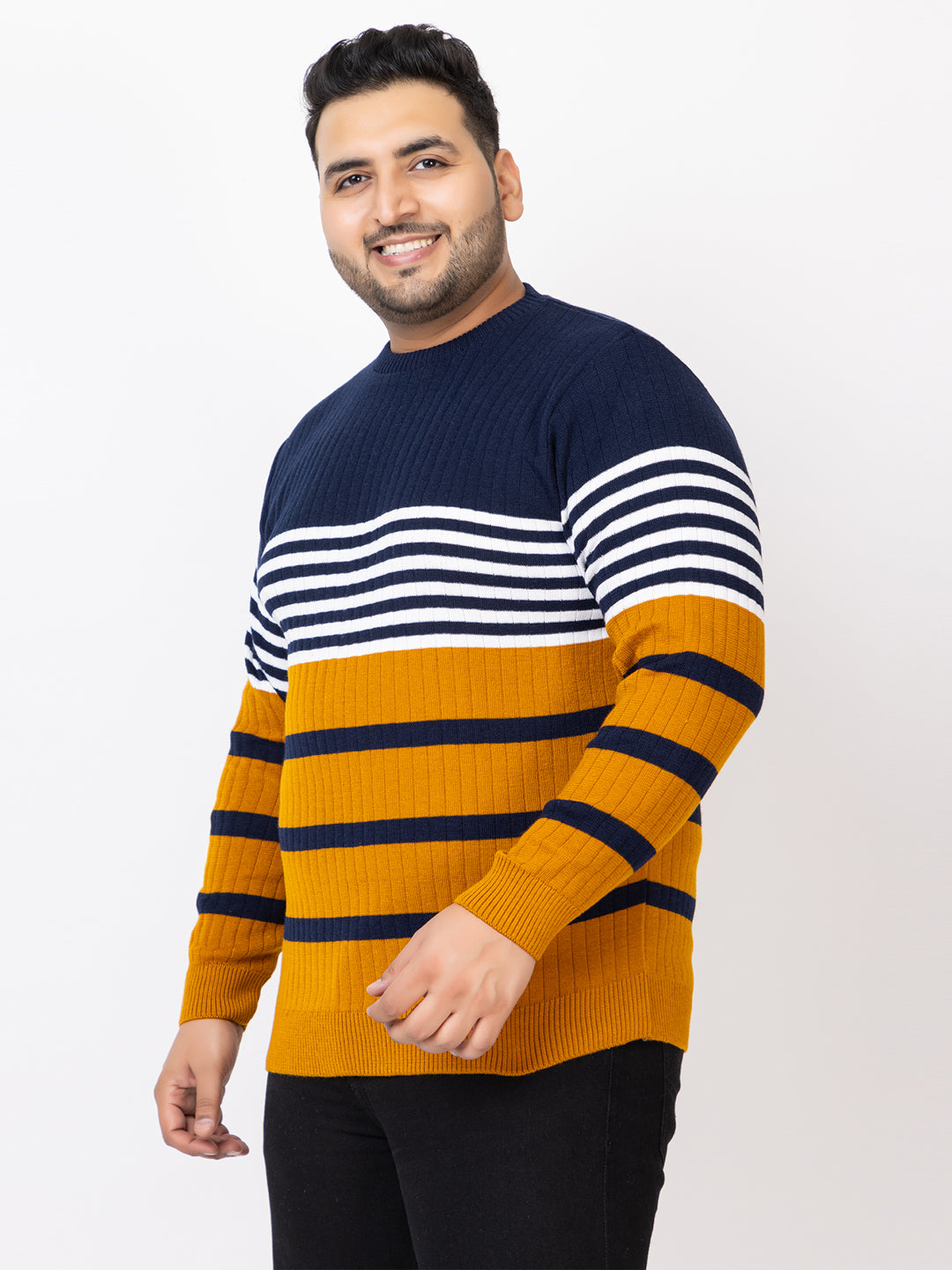 MEN ROUND NECK STRIPES PLUS SIZE SWEATER