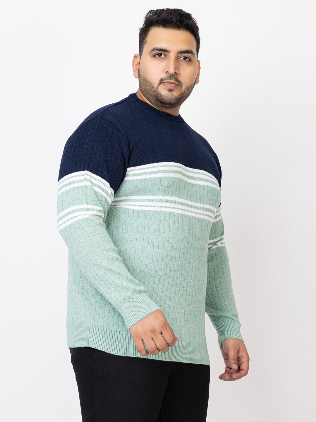 MEN ROUND NECK STRIPES PLUS SIZE SWEATER