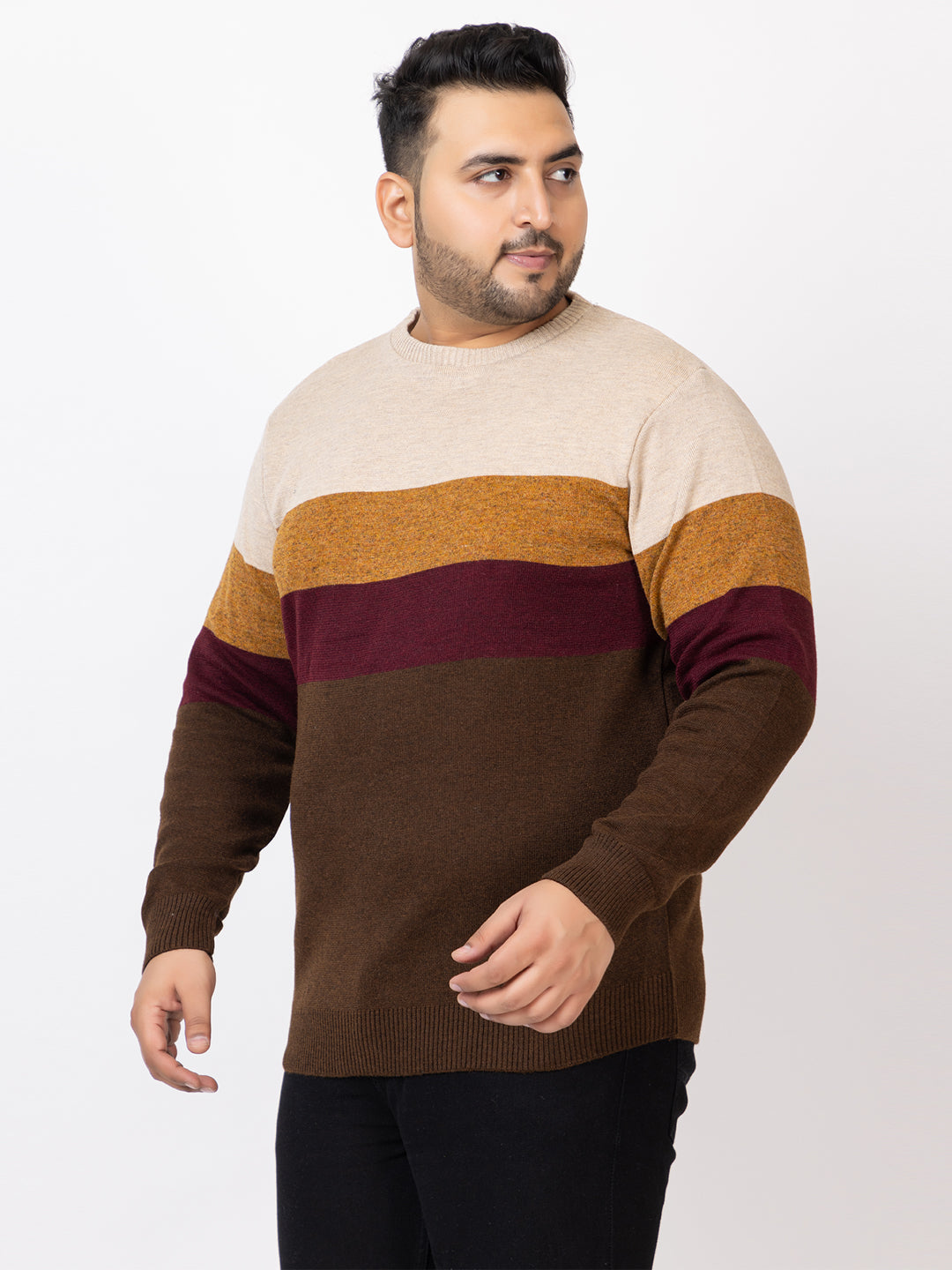 MEN ROUND NECK STRIPES PLUS SIZE SWEATER