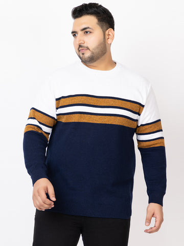 MEN ROUND NECK STRIPES PLUS SIZE SWEATER