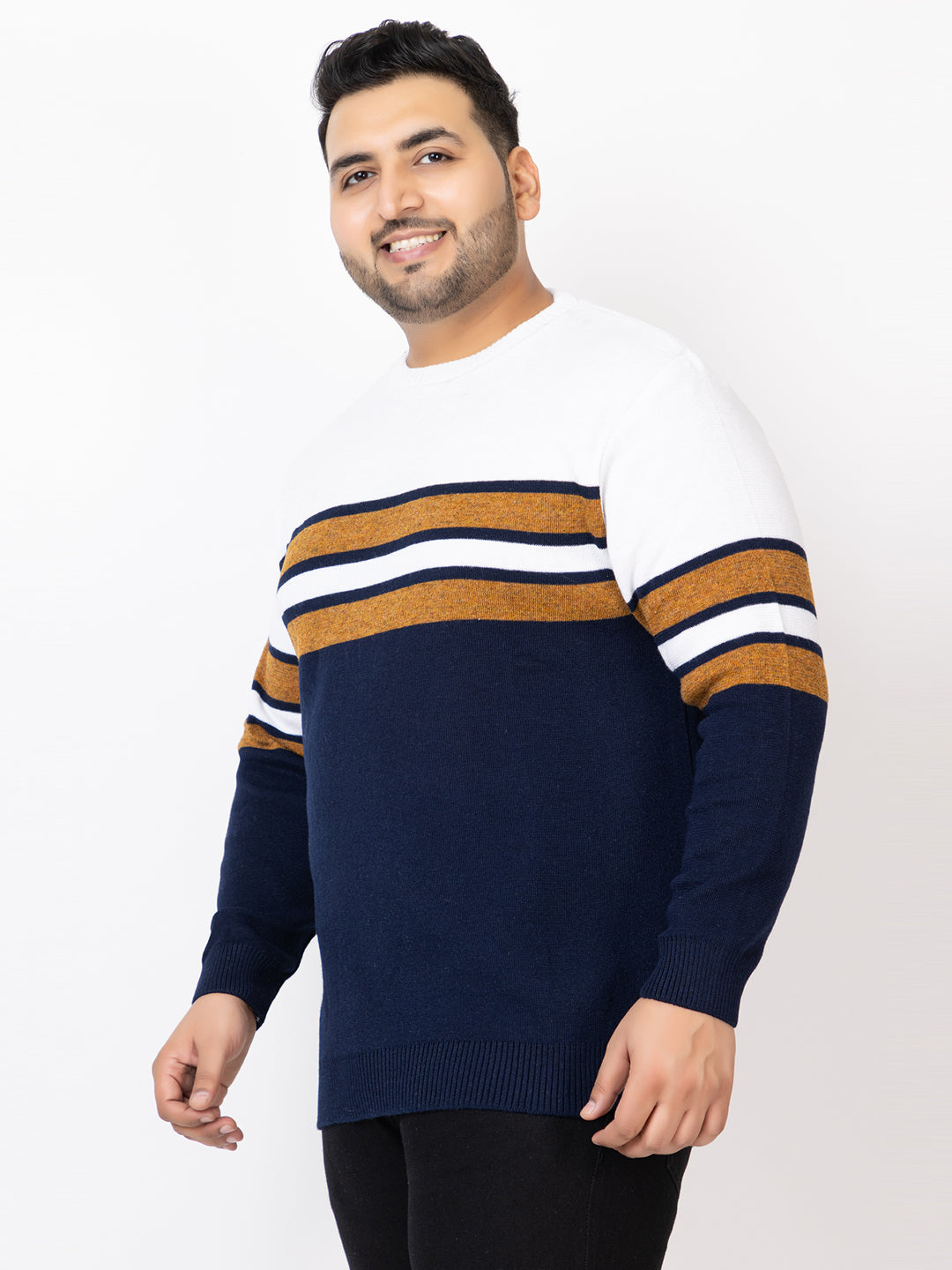 MEN ROUND NECK STRIPES PLUS SIZE SWEATER