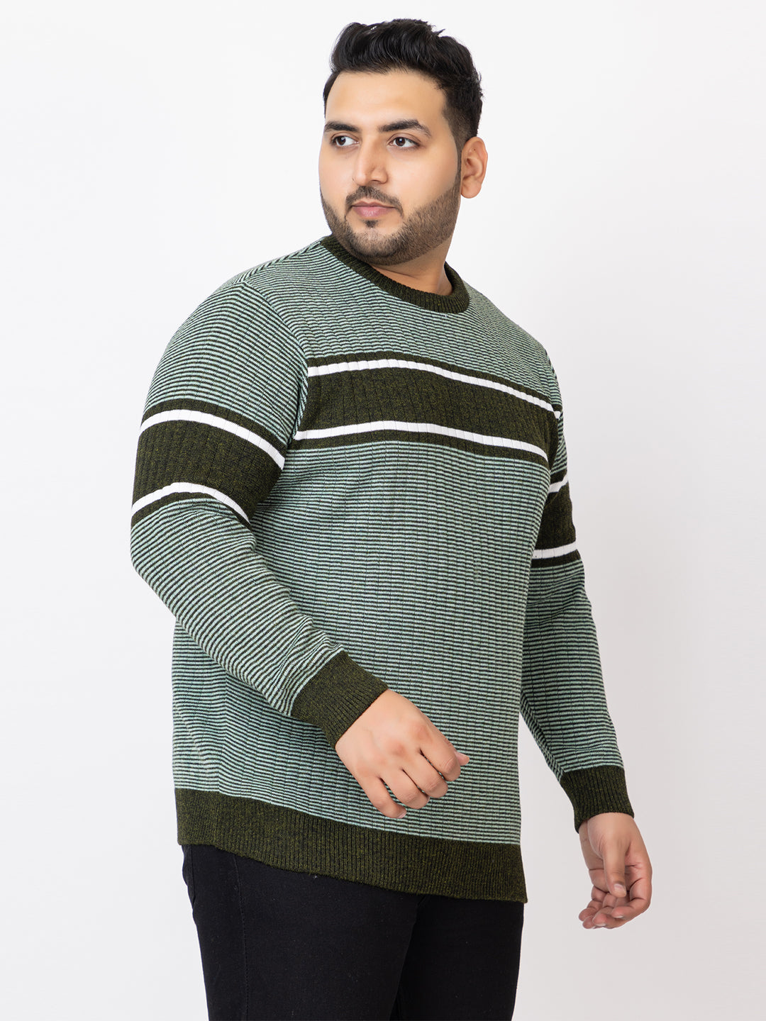 MEN ROUND NECK STRIPES PLUS SIZE SWEATER