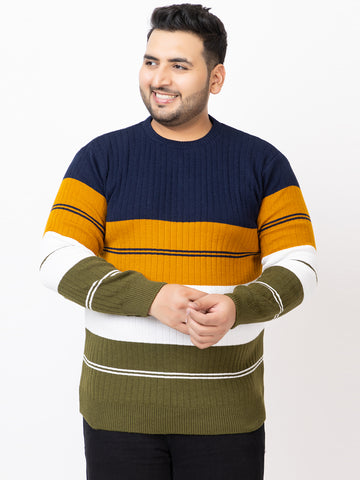 MEN ROUND NECK STRIPES PLUS SIZE SWEATER