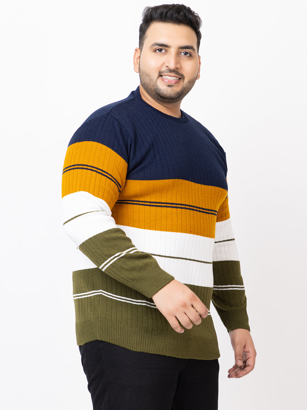 MEN ROUND NECK STRIPES PLUS SIZE SWEATER