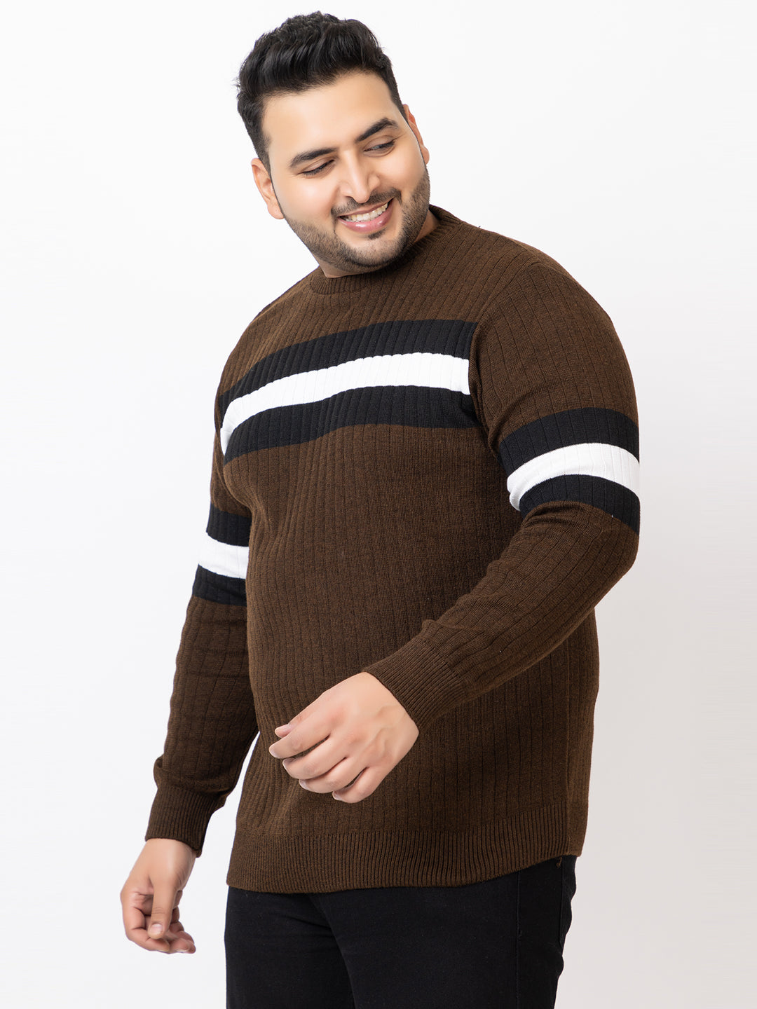 MEN ROUND NECK STRIPES PLUS SIZE SWEATER