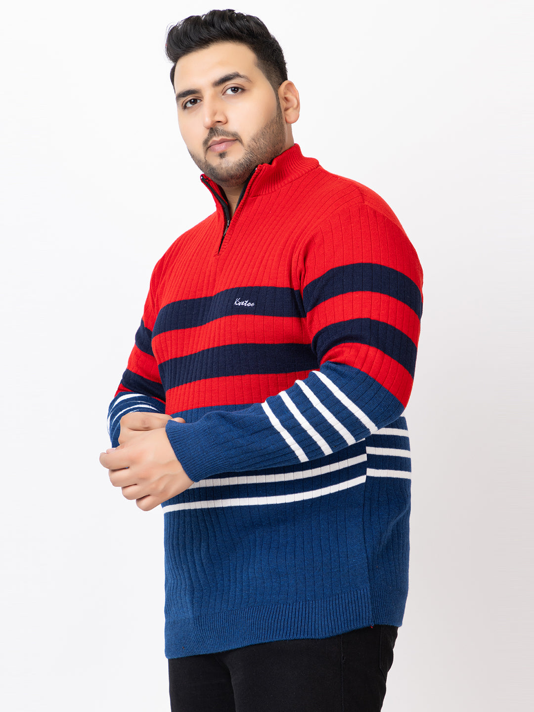 MEN HALF ZIPPER STRIPES PLUS SIZE SWEATER