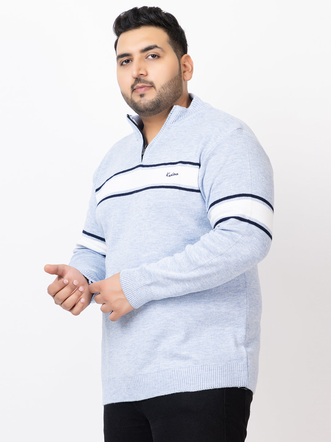 MEN HALF ZIPPER STRIPES PLUS SIZE SWEATER