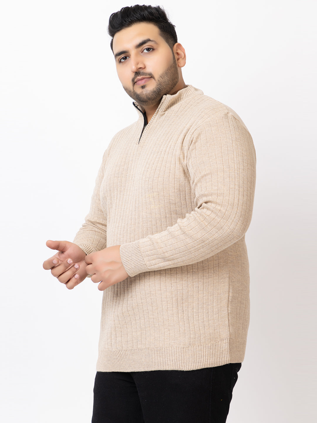 MEN HALF ZIPPER PLAIN PLUS SIZE SWEATER