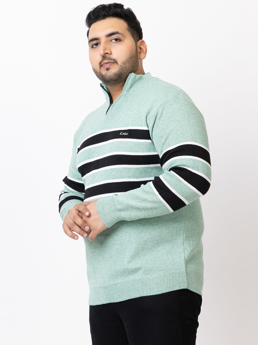 MEN HALF ZIPPER STRIPES PLUS SIZE SWEATER