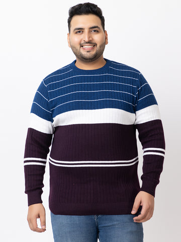 MEN ROUND NECK STRIPES PLUS SIZE SWEATER