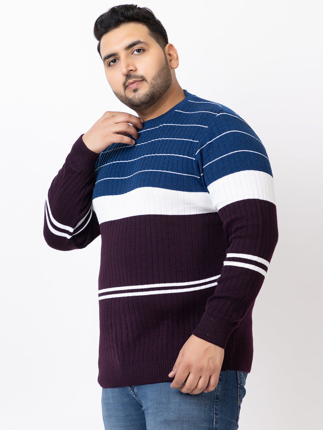 MEN ROUND NECK STRIPES PLUS SIZE SWEATER