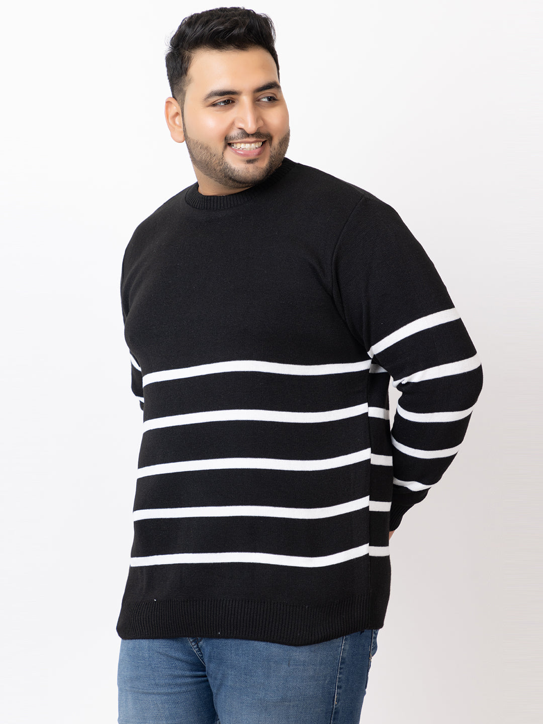 MEN ROUND NECK STRIPES PLUS SIZE SWEATER