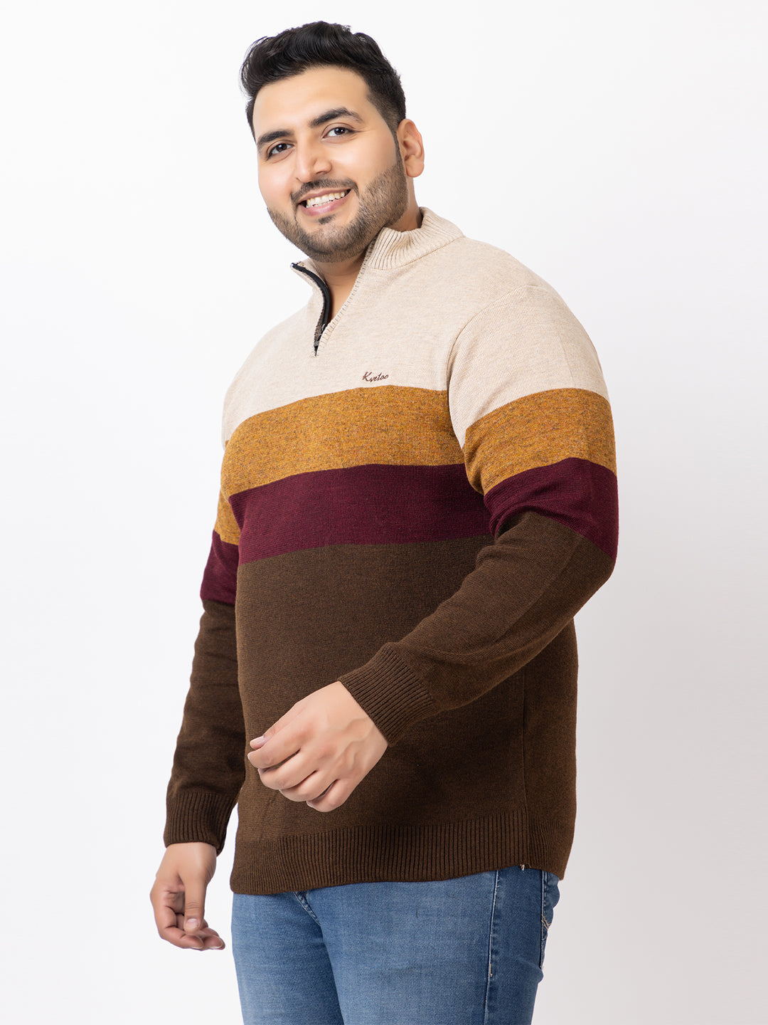 MEN HALF ZIPPER STRIPES PLUS SIZE SWEATER