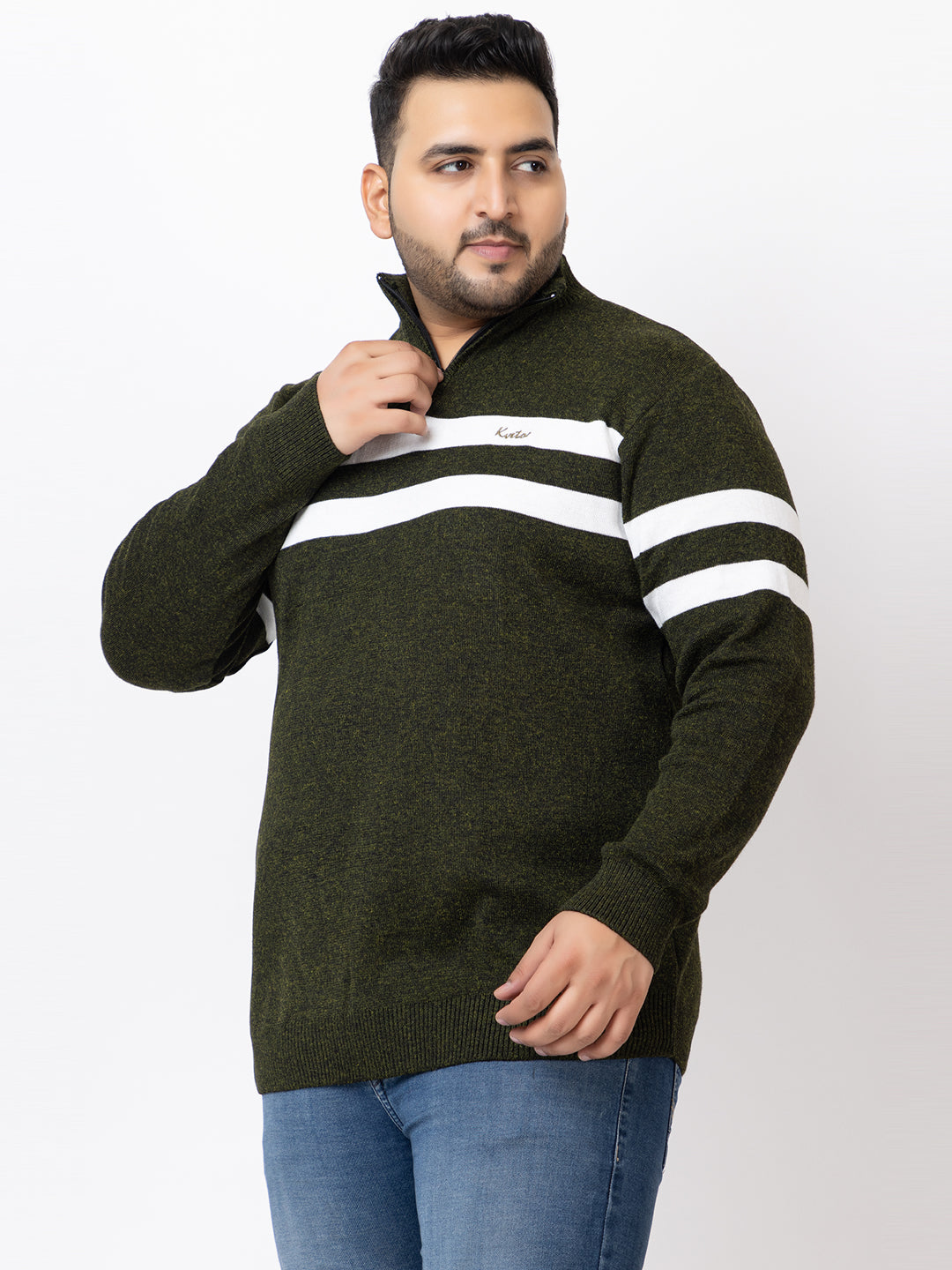 MEN HALF ZIPPER STRIPES PLUS SIZE SWEATER