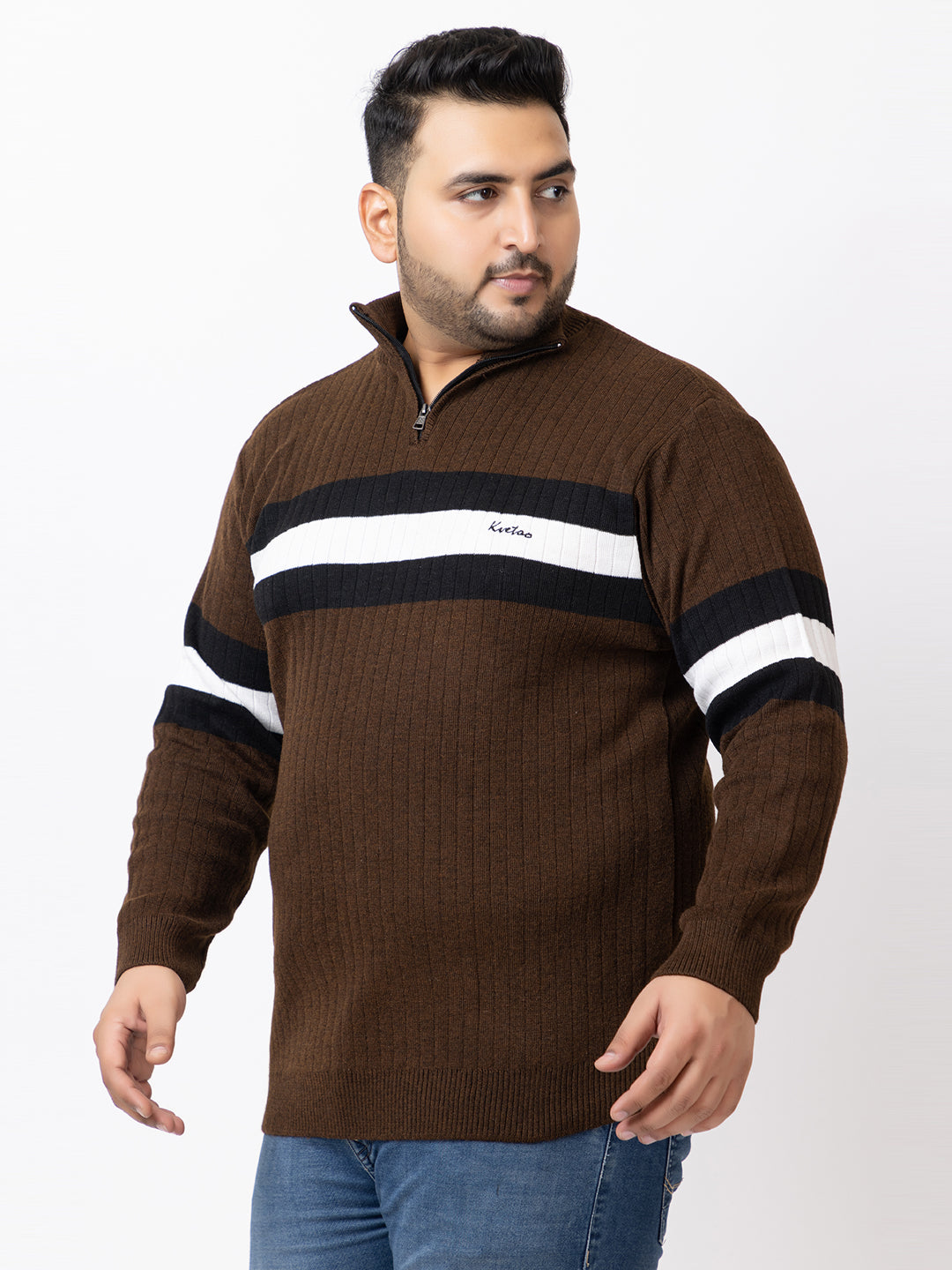 MEN HALF ZIPPER STRIPES PLUS SIZE SWEATER