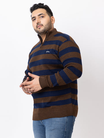 MEN HALF ZIPPER STRIPES PLUS SIZE SWEATER