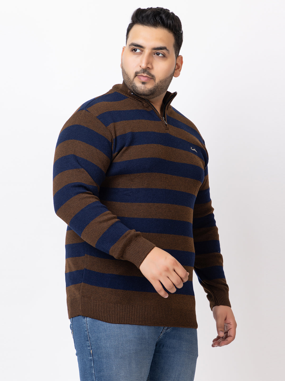 MEN HALF ZIPPER STRIPES PLUS SIZE SWEATER