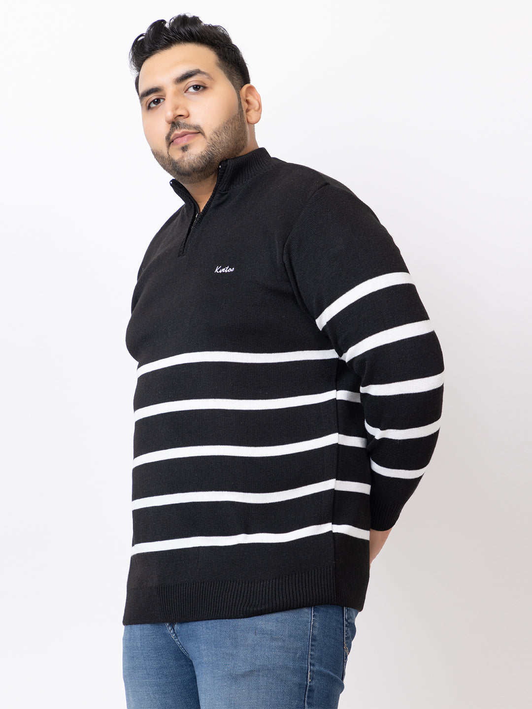 MEN HALF ZIPPER STRIPES PLUS SIZE SWEATER