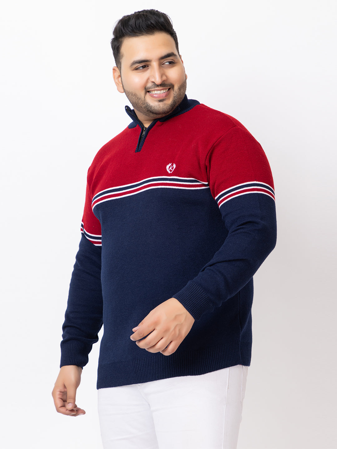 MEN HALF ZIPPER STRIPES PLUS SIZE SWEATER