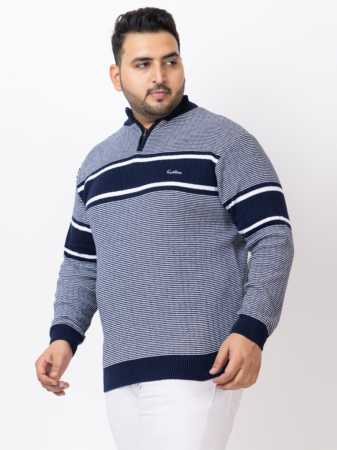 MEN HALF ZIPPER STRIPES PLUS SIZE SWEATER