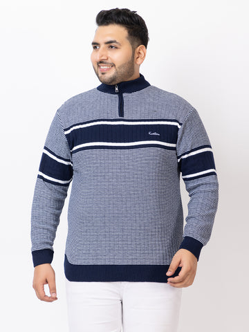 MEN HALF ZIPPER STRIPES PLUS SIZE SWEATER