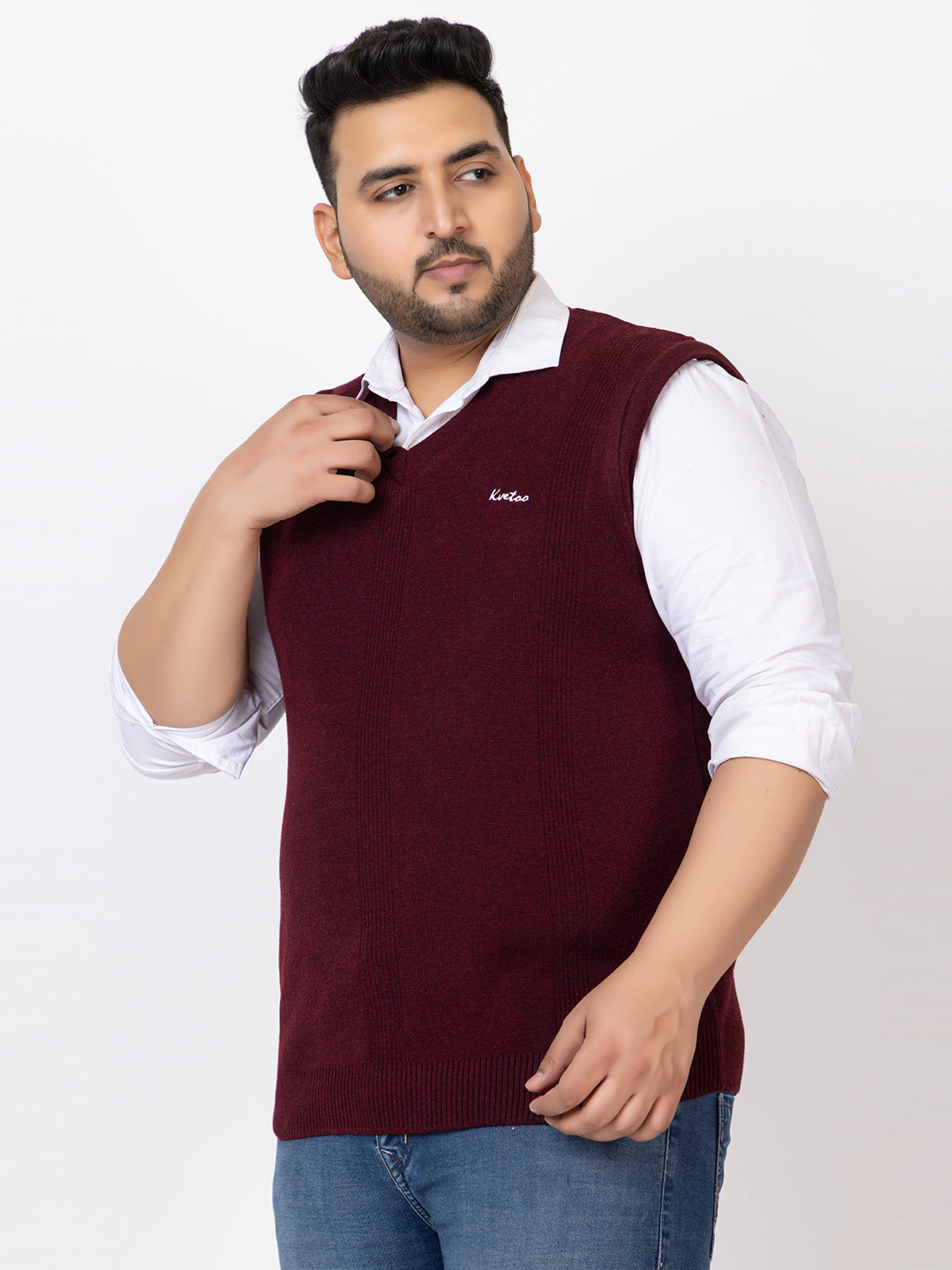 MEN V NECK SLEEVELESS PLAIN PLUS SIZE SWEATER