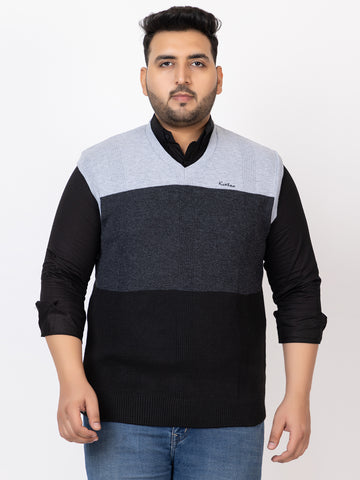 MEN V NECK SLEEVELESS STRIPES PLUS SIZE SWEATER