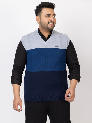 MEN V NECK SLEEVELESS STRIPES PLUS SIZE SWEATER