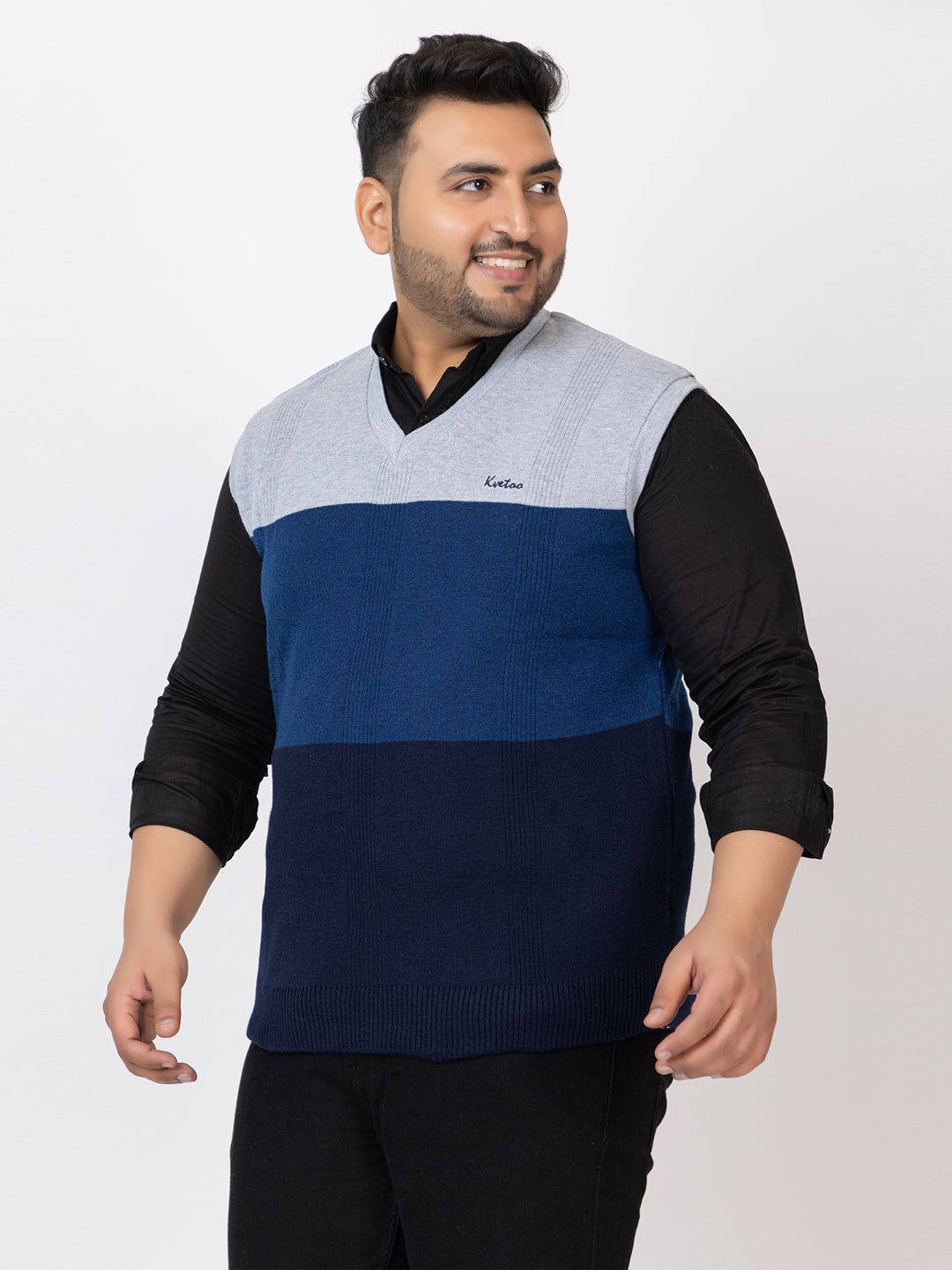 MEN V NECK SLEEVELESS STRIPES PLUS SIZE SWEATER