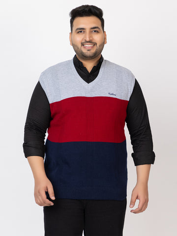 MEN V NECK SLEEVELESS STRIPES PLUS SIZE SWEATER