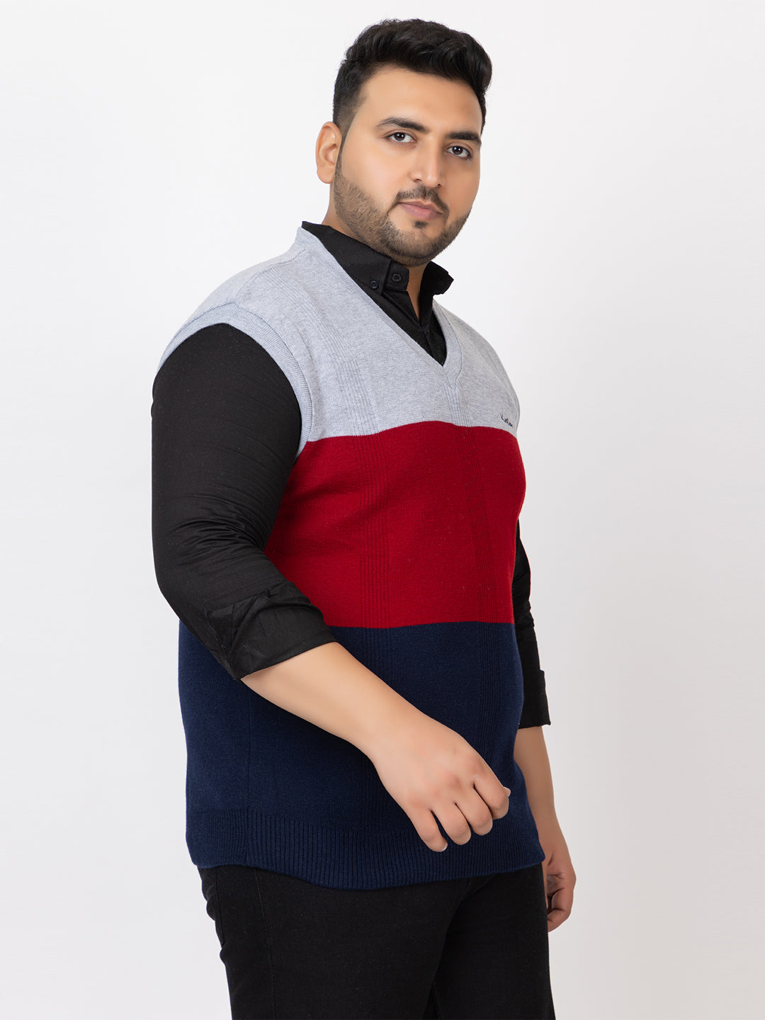 MEN V NECK SLEEVELESS STRIPES PLUS SIZE SWEATER