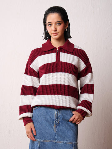 Kvetoo Women Zipper Stripes Sweater